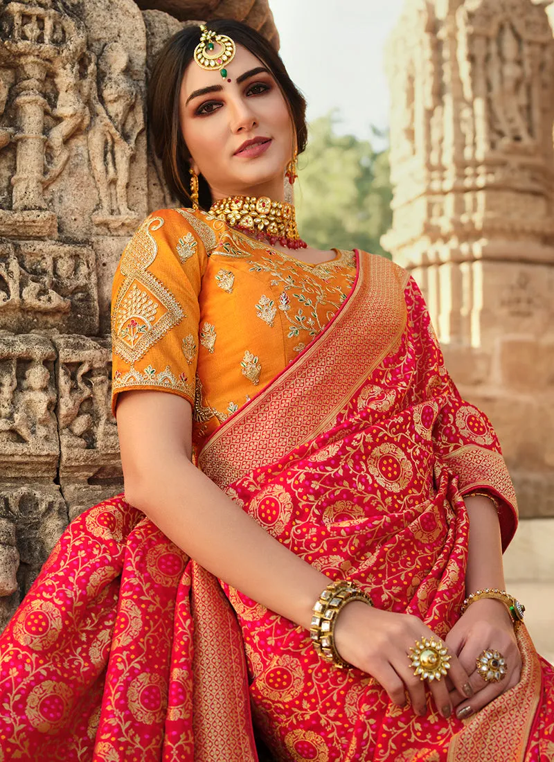 Orange And Red Traditional Embroidered Silk Saree