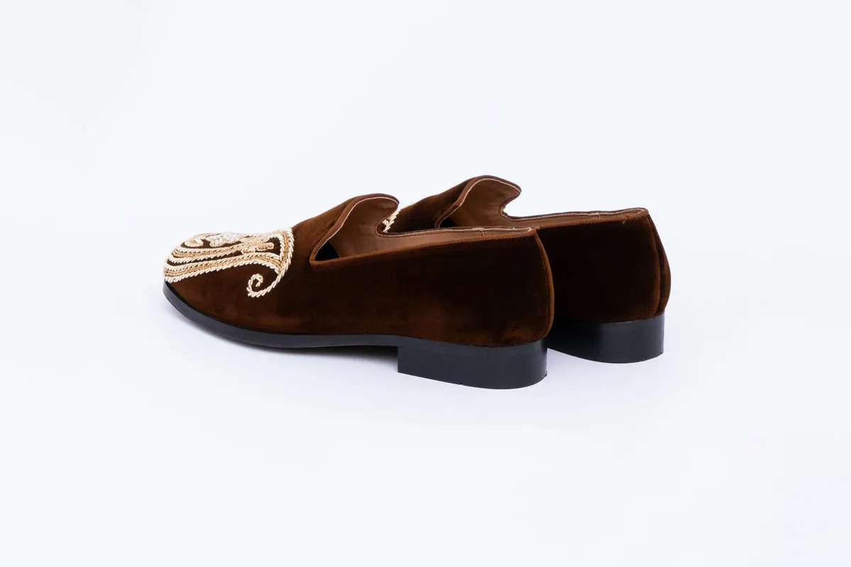 PAISELY EMBROIDERY SLIP-ONS-BROWN