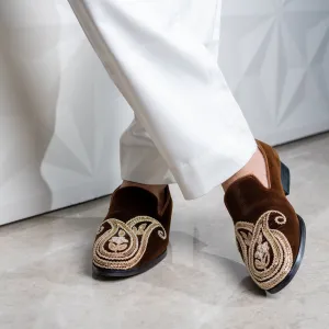 PAISELY EMBROIDERY SLIP-ONS-BROWN