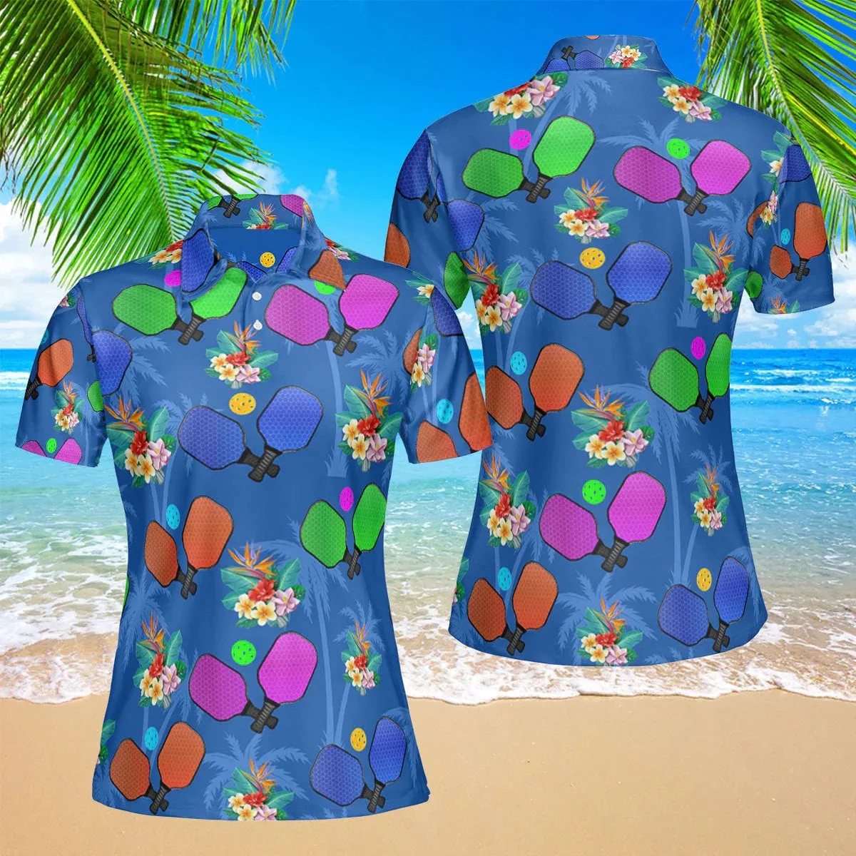 Pickleball Tropical Palm Polo Shirt For Women, Summer Sport Polo Shirt