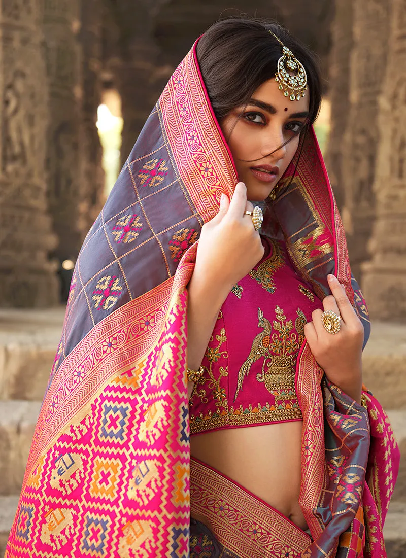 Pink And Purple Traditional Embroidered Silk Saree