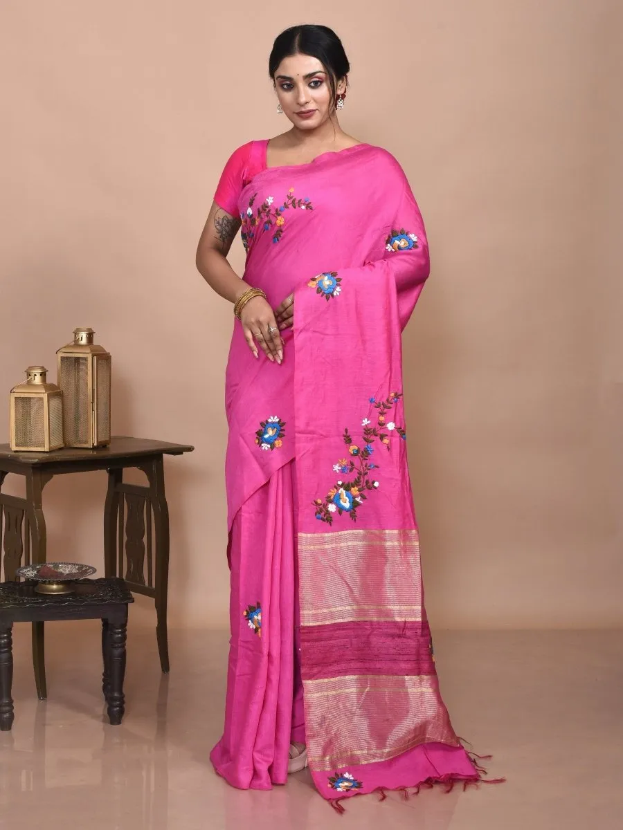 Pink Linen Saree with Floral Design Hand Embroidery