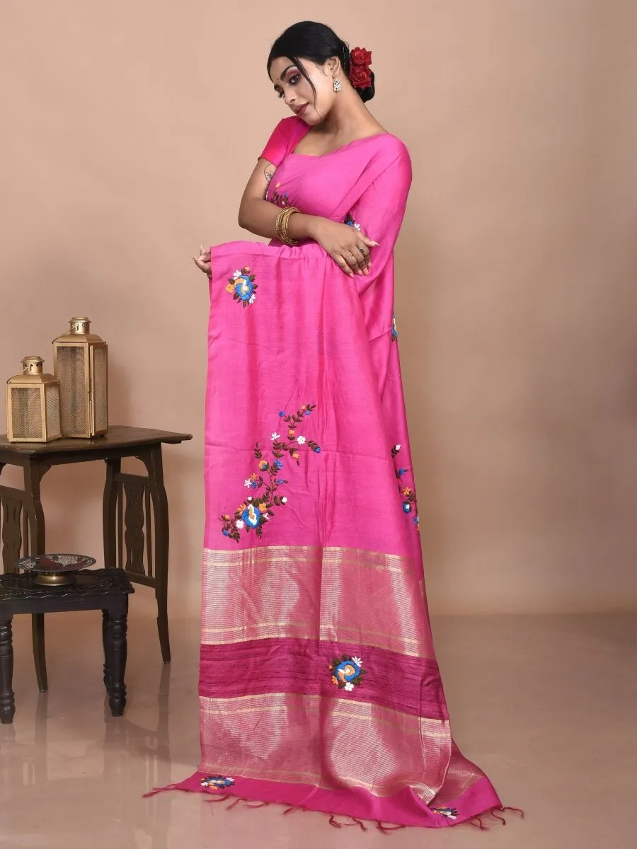 Pink Linen Saree with Floral Design Hand Embroidery