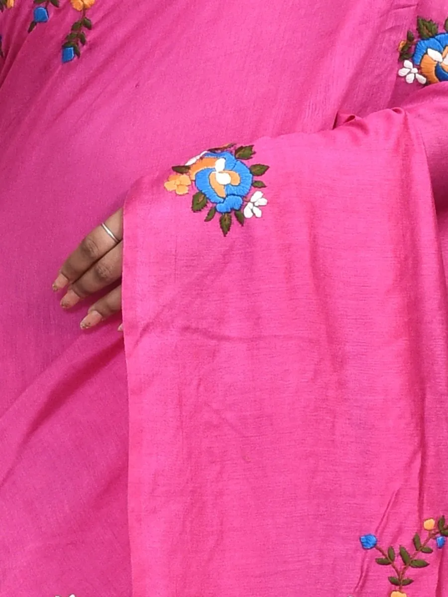 Pink Linen Saree with Floral Design Hand Embroidery