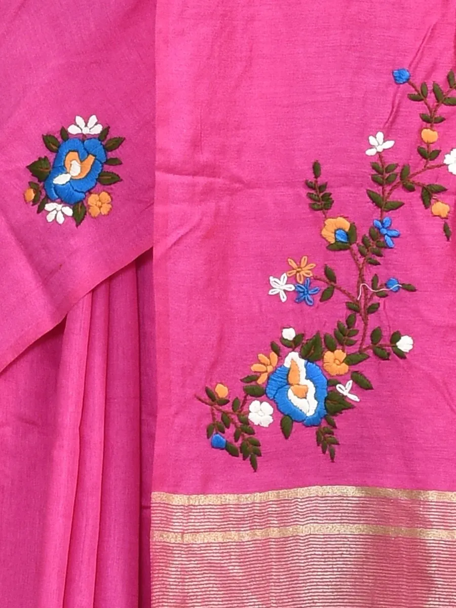 Pink Linen Saree with Floral Design Hand Embroidery