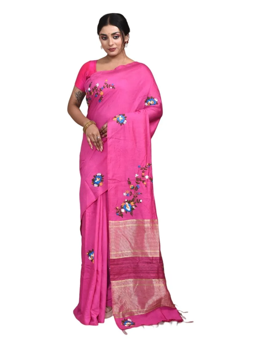 Pink Linen Saree with Floral Design Hand Embroidery