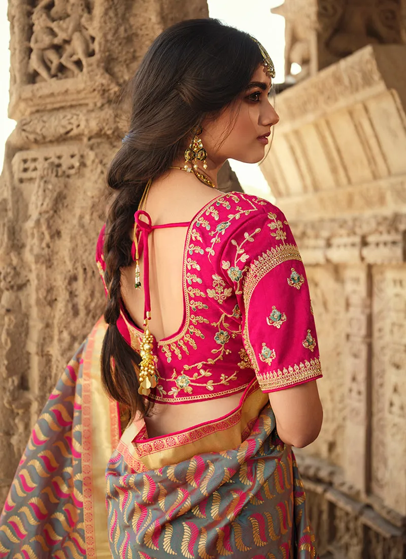 Pink Multi Traditional Embroidered Silk Saree