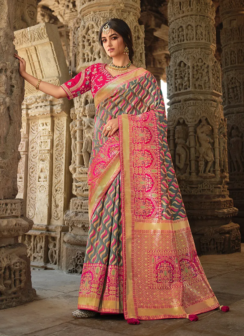 Pink Multi Traditional Embroidered Silk Saree