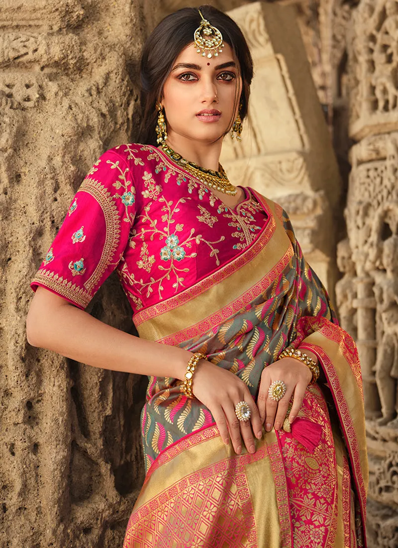 Pink Multi Traditional Embroidered Silk Saree