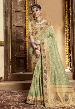 Pista Green Golden Embroidered Wedding Saree