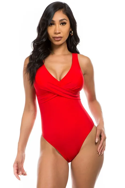 Pleated Cross Gathering Low V One Piece