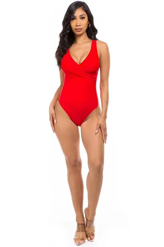 Pleated Cross Gathering Low V One Piece