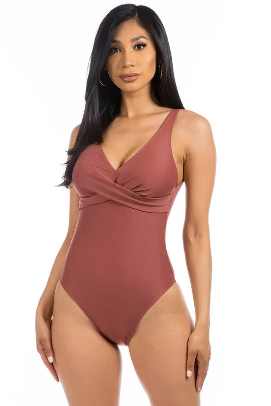 Pleated Cross Gathering Low V One Piece