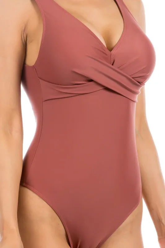 Pleated Cross Gathering Low V One Piece