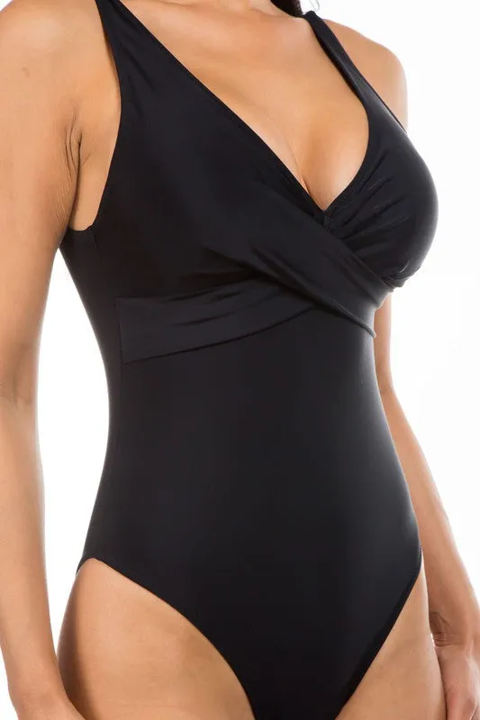 Pleated Cross Gathering Low V One Piece