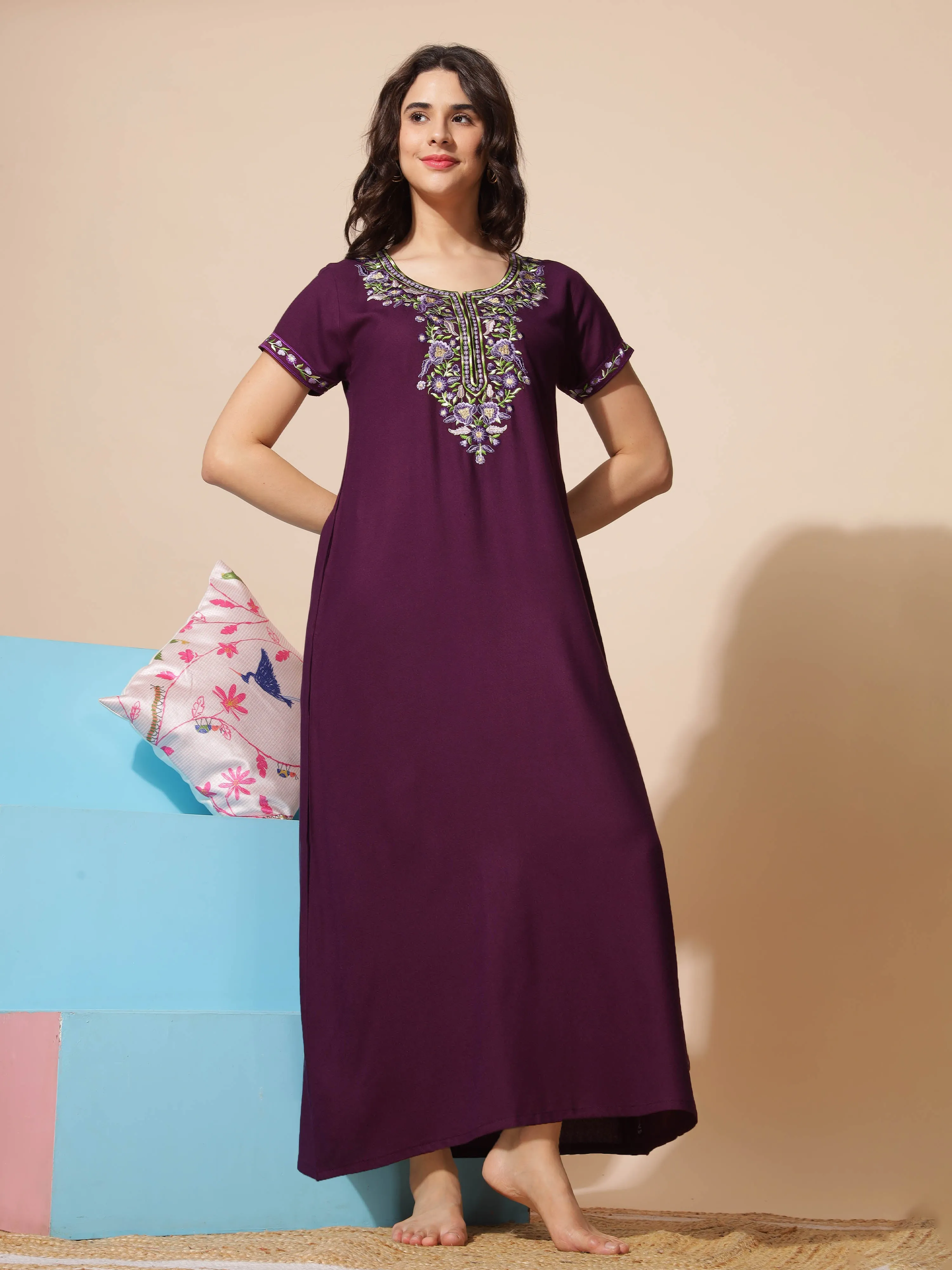 Purple Alpine Nighty - Stunning Embroidered Design for All Seasons