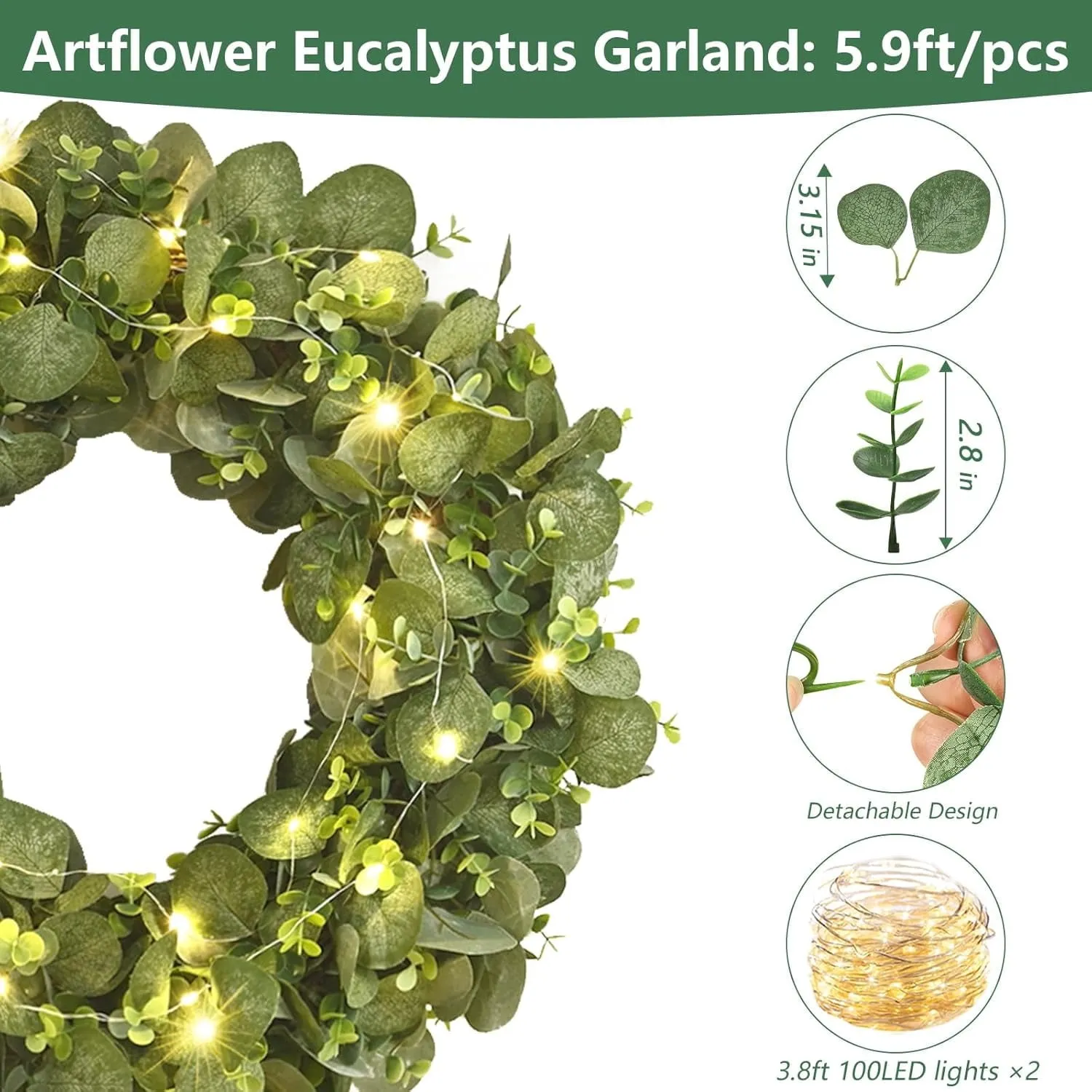 relaxed 4Pack Eucalyptus Garland with Flowers& Lights,5.9FT Greenery Garland Decor,Artificial Eucalyptus Leaves Vines for Table Home Wedding Mantle Party Decoration Grey Green with lights 8 Pack