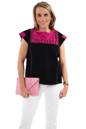 SALE - San Andres Mexican Blouse - Black, Hot Pink