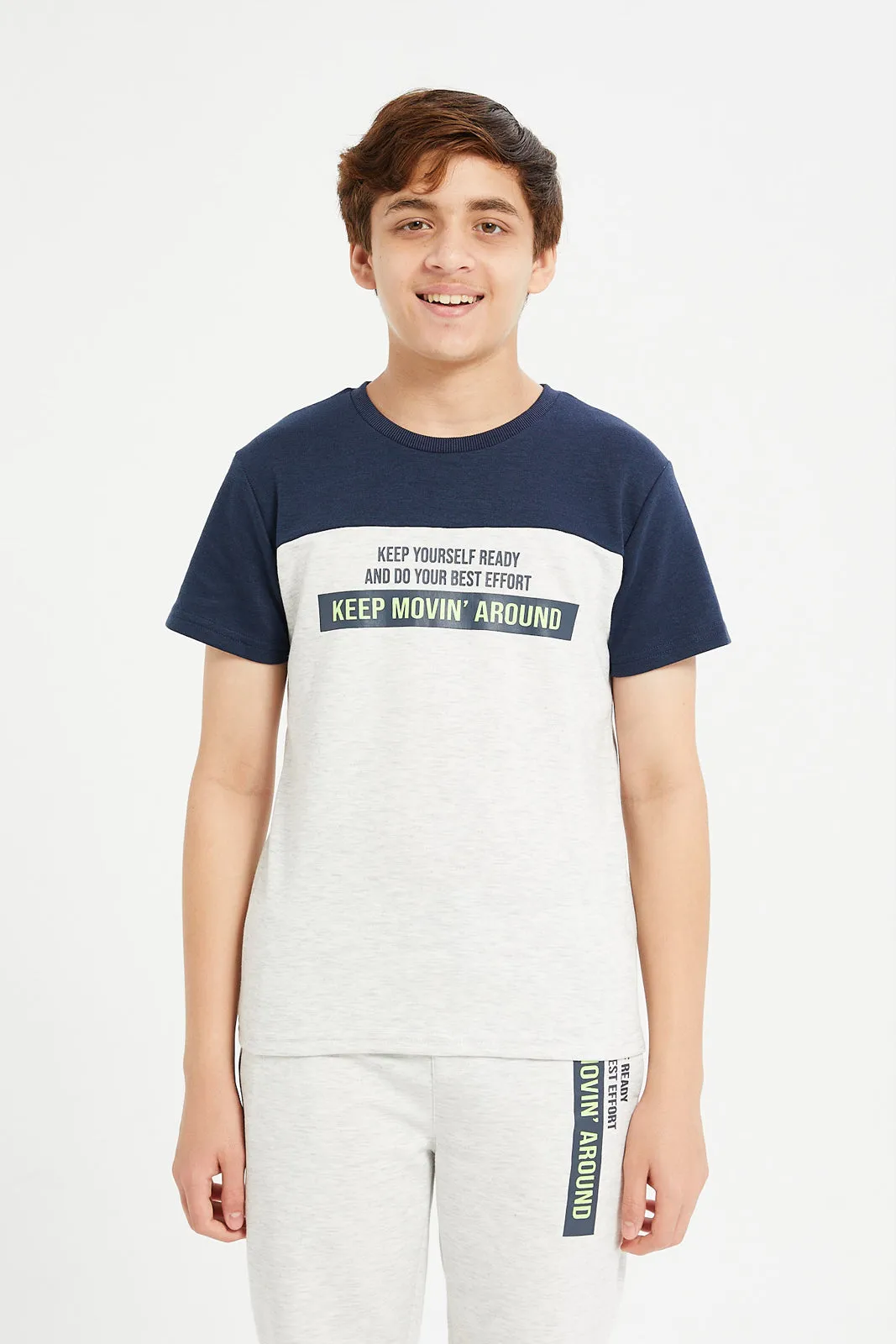 Senior Boys Grey And Navy Printed T-Shirt With Short Set (2 Piece)