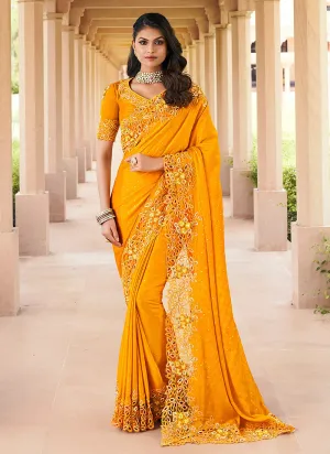 Tangerine Embroidered Party Wear Silk Saree