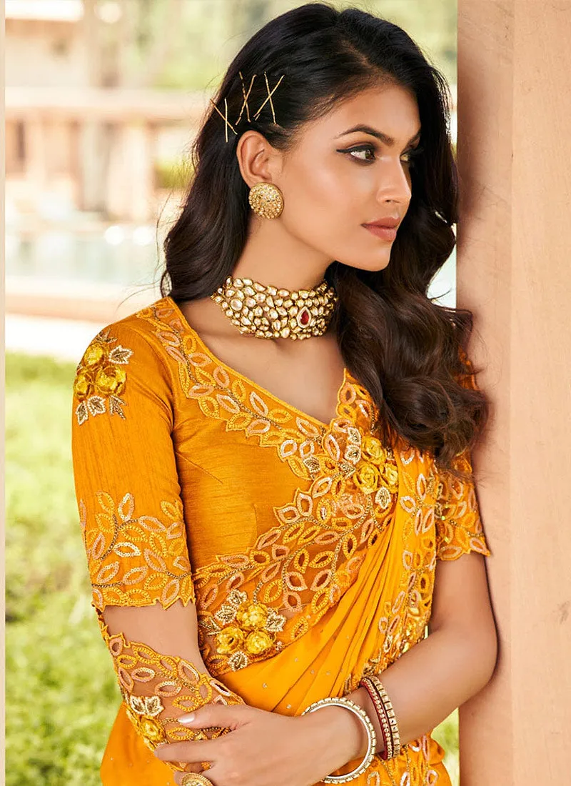 Tangerine Embroidered Party Wear Silk Saree