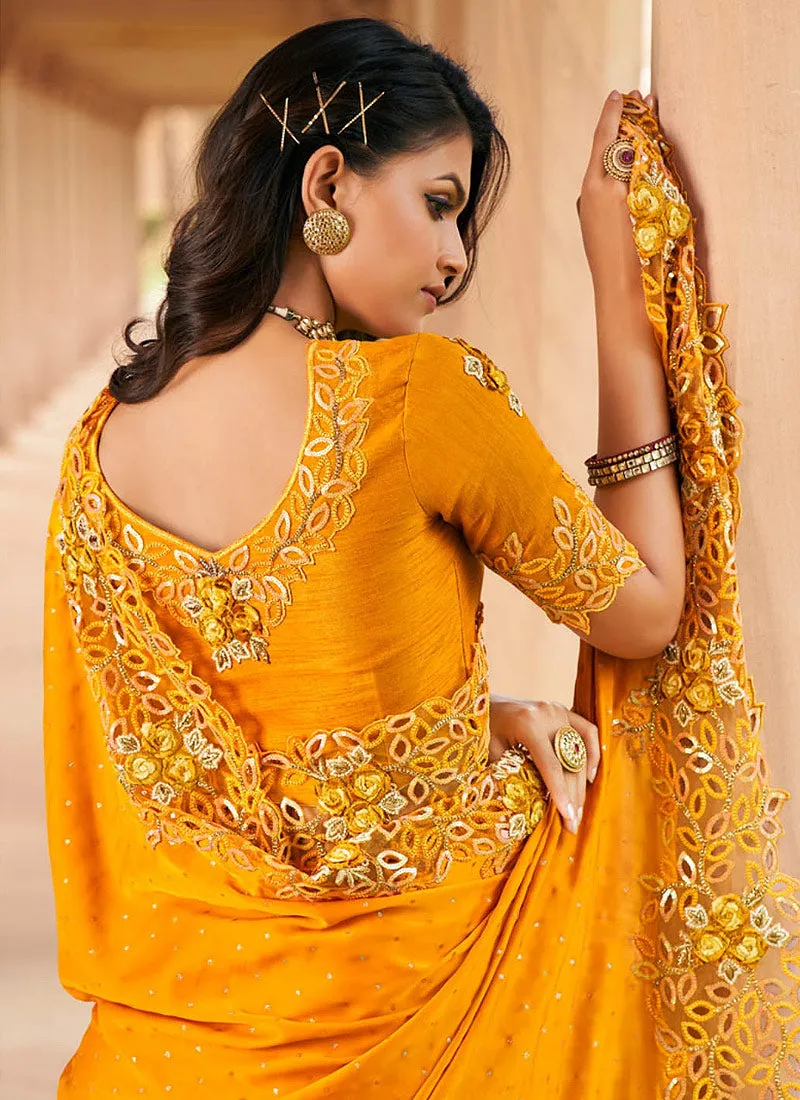 Tangerine Embroidered Party Wear Silk Saree