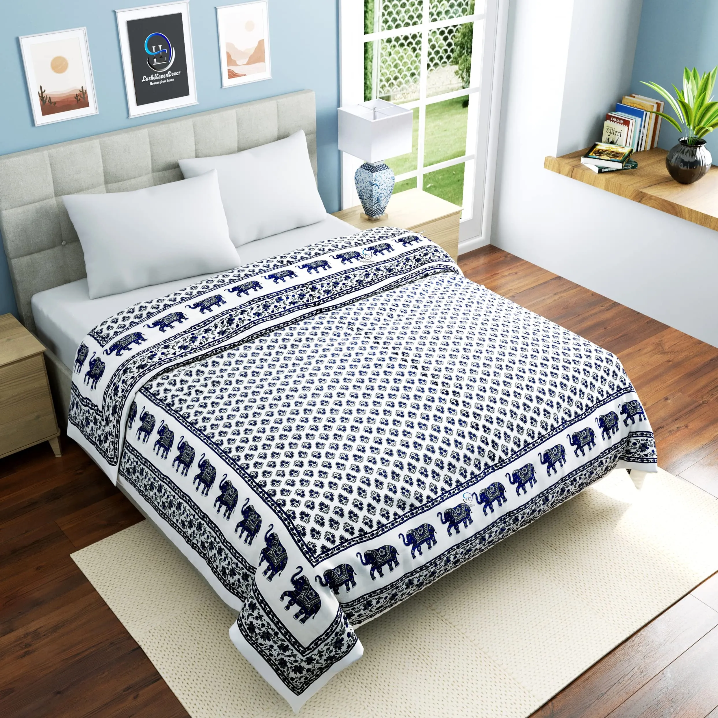 THROWS HOME DECOR 400 TC Double Bed Organic Cotton Jaipuri Razai Bed Blanket Ac Quilt for Winter and Summer Soft Rajasthani Traditional Rajai Cotton Comforter 90 x 105 inch Blue, lightweight