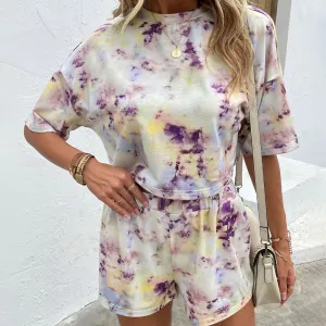 Tie Dye Round Neck Dropped Shoulder Top and Shorts Set