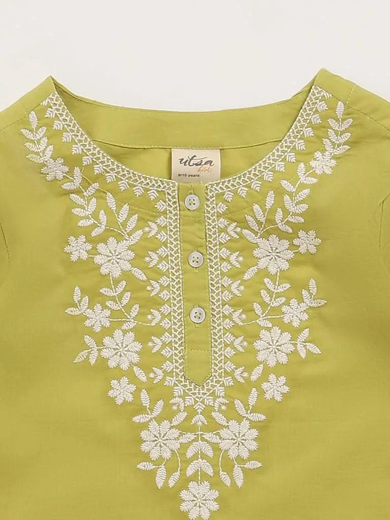 Utsa Kids Lime Embroidered Design Kurti (8 -14yrs)