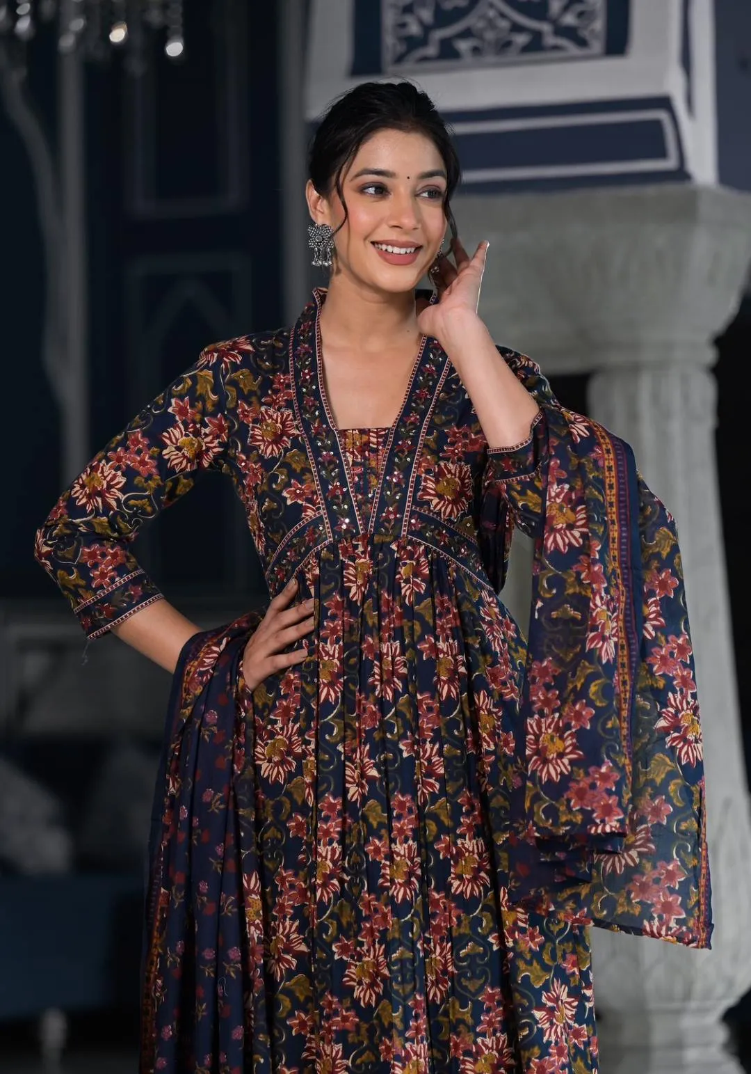 Varanga Women Navy Blue  Floral Printed V-Neck Mirror Embellished  Anarkali Kurta Paired Wirh Printed Bottom And Dupatta