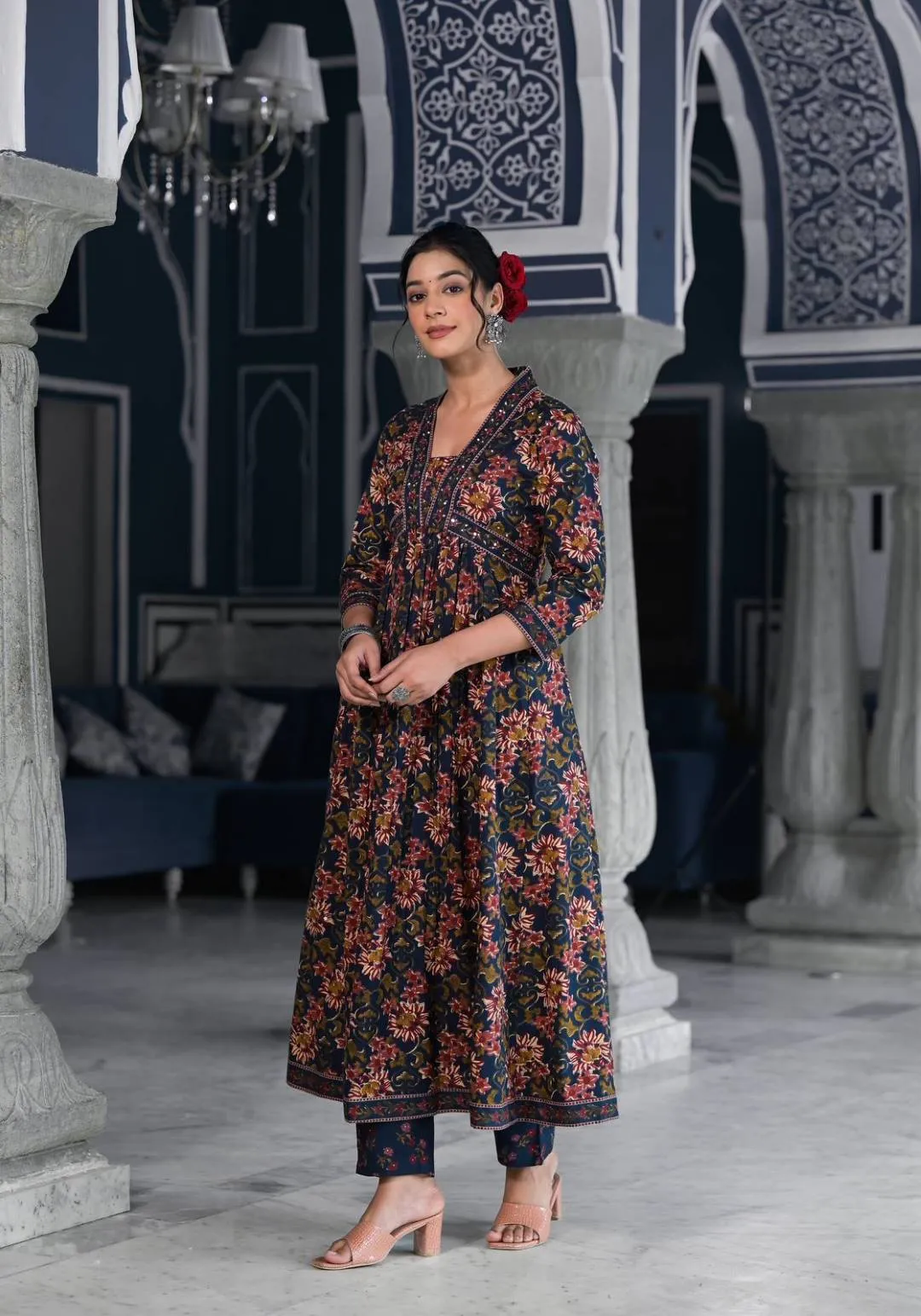 Varanga Women Navy Blue  Floral Printed V-Neck Mirror Embellished  Anarkali Kurta Paired Wirh Printed Bottom And Dupatta