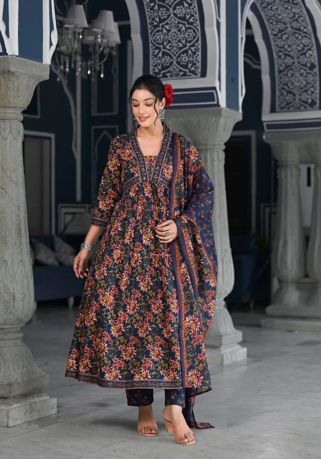 Varanga Women Navy Blue  Floral Printed V-Neck Mirror Embellished  Anarkali Kurta Paired Wirh Printed Bottom And Dupatta