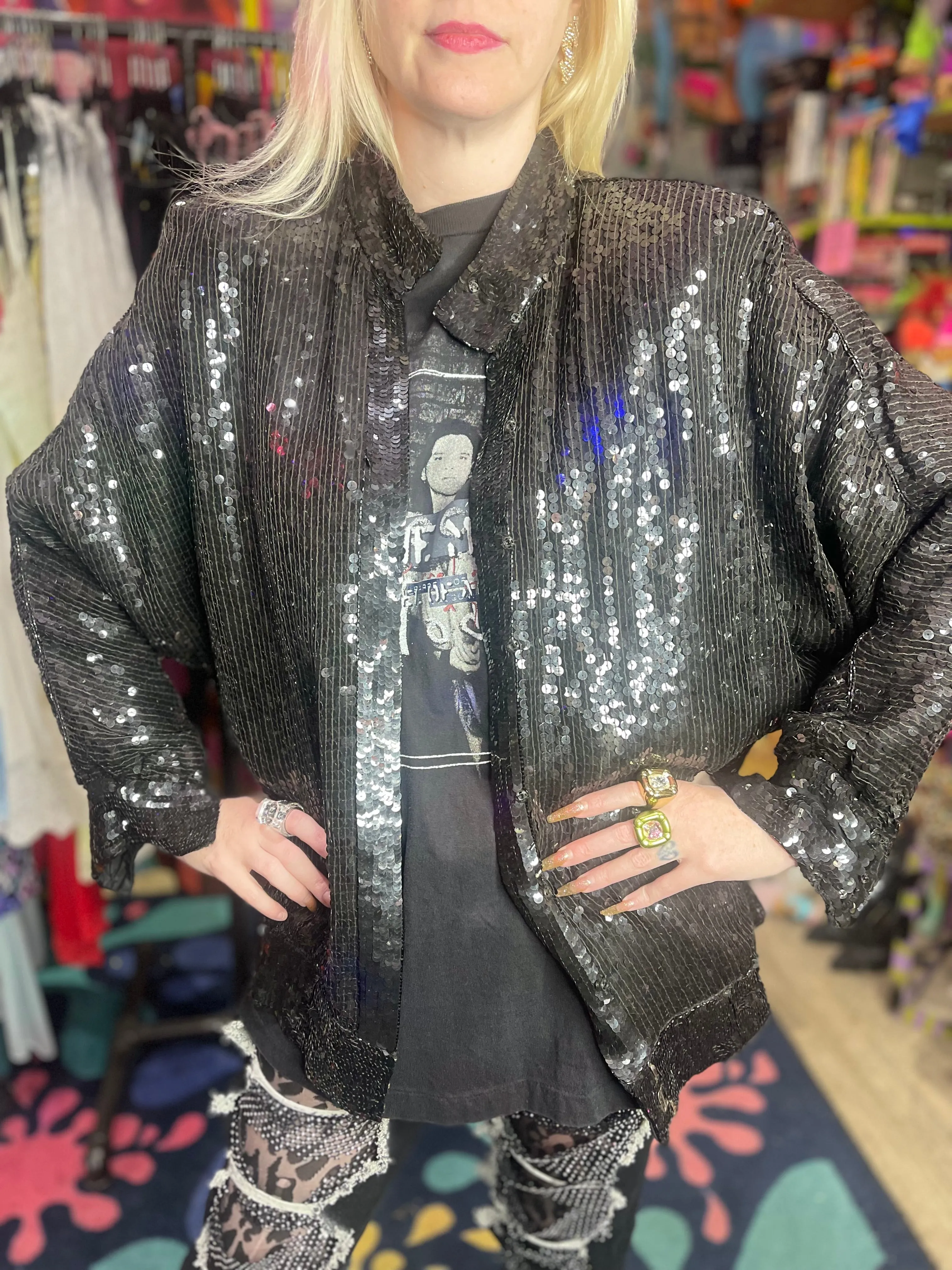 Vintage 80s Black Sequin Bomber Jacket