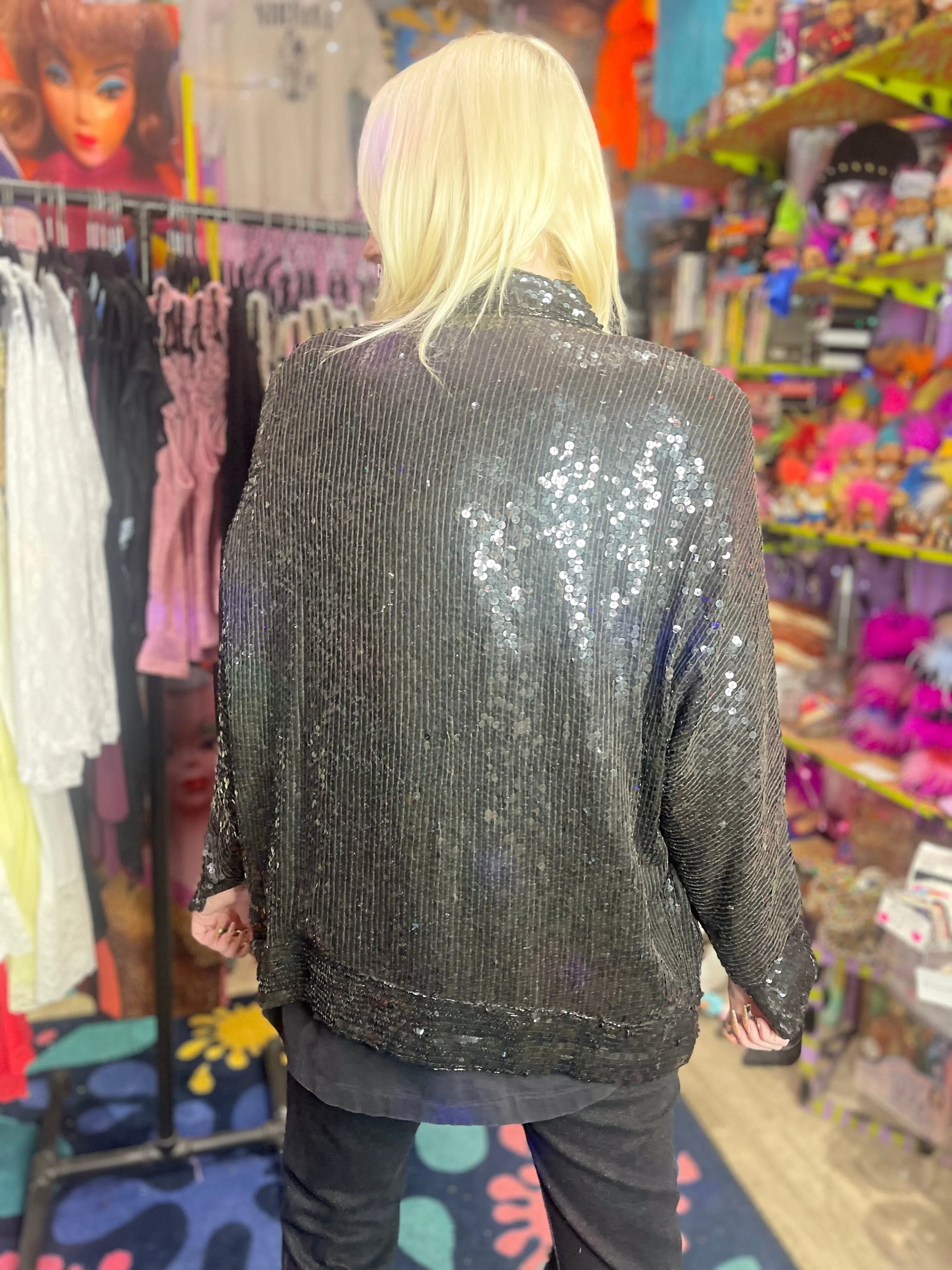 Vintage 80s Black Sequin Bomber Jacket