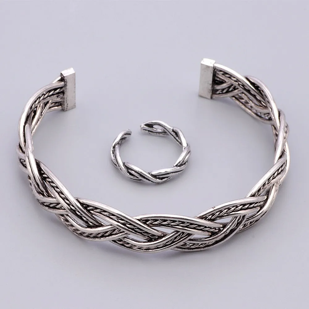 Vintage Jewelry Braid Open Cuff Bangles and Rings Jewelry Set For Woman