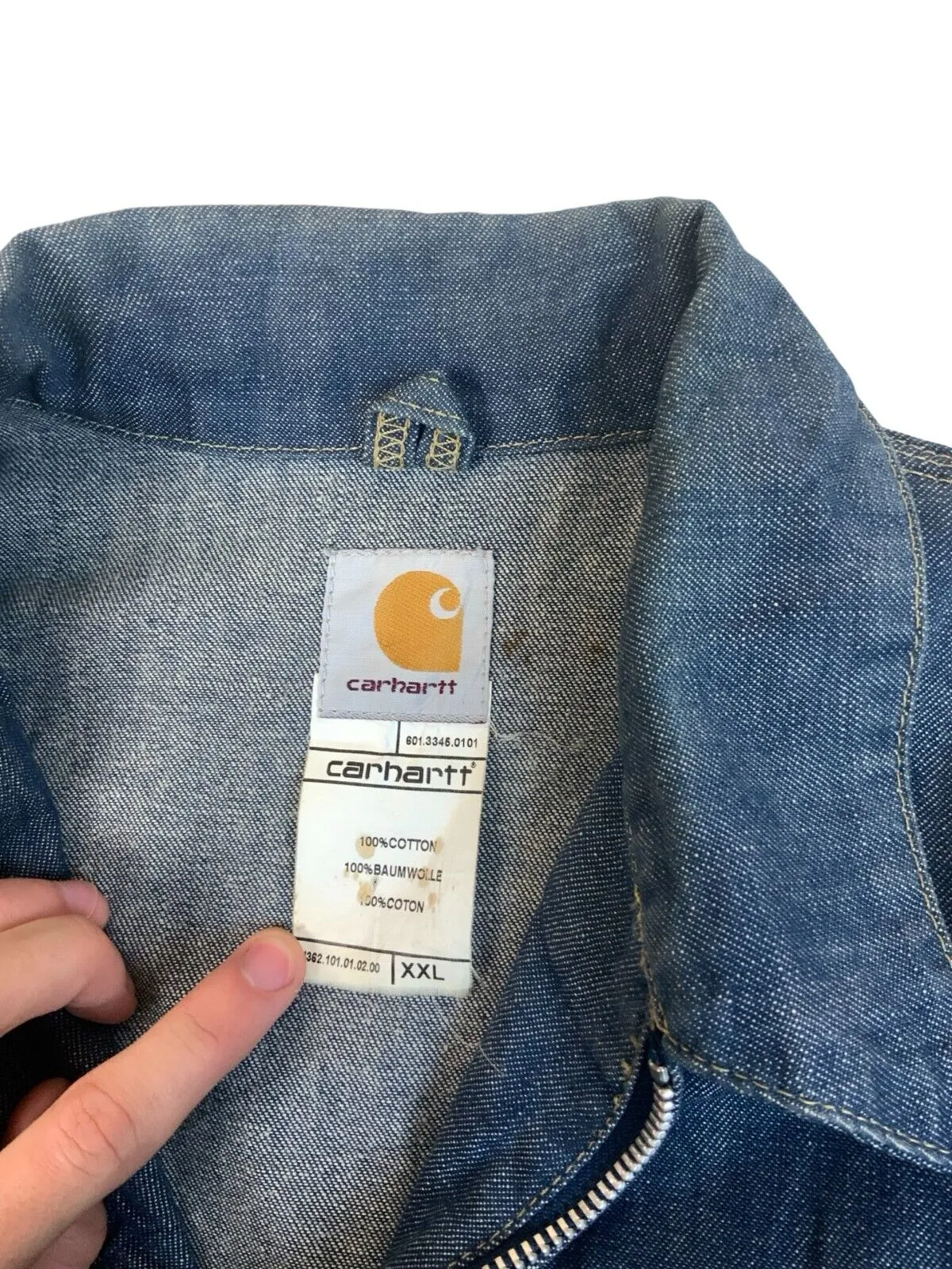 VTG CARHARTT INDIGO DENIM ZIP UP CHORE JACKET ROCKABILLY US WORKWEAR XL 46”