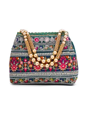 Yellow Chimes Potli Bags For Ladies For Wedding | Traditional Potli Handbags For Women | Pearl Beaded Wristlet Handmade Embroidery Worked Potli Bag | Ideal for Parties Weddings or Traditional Events