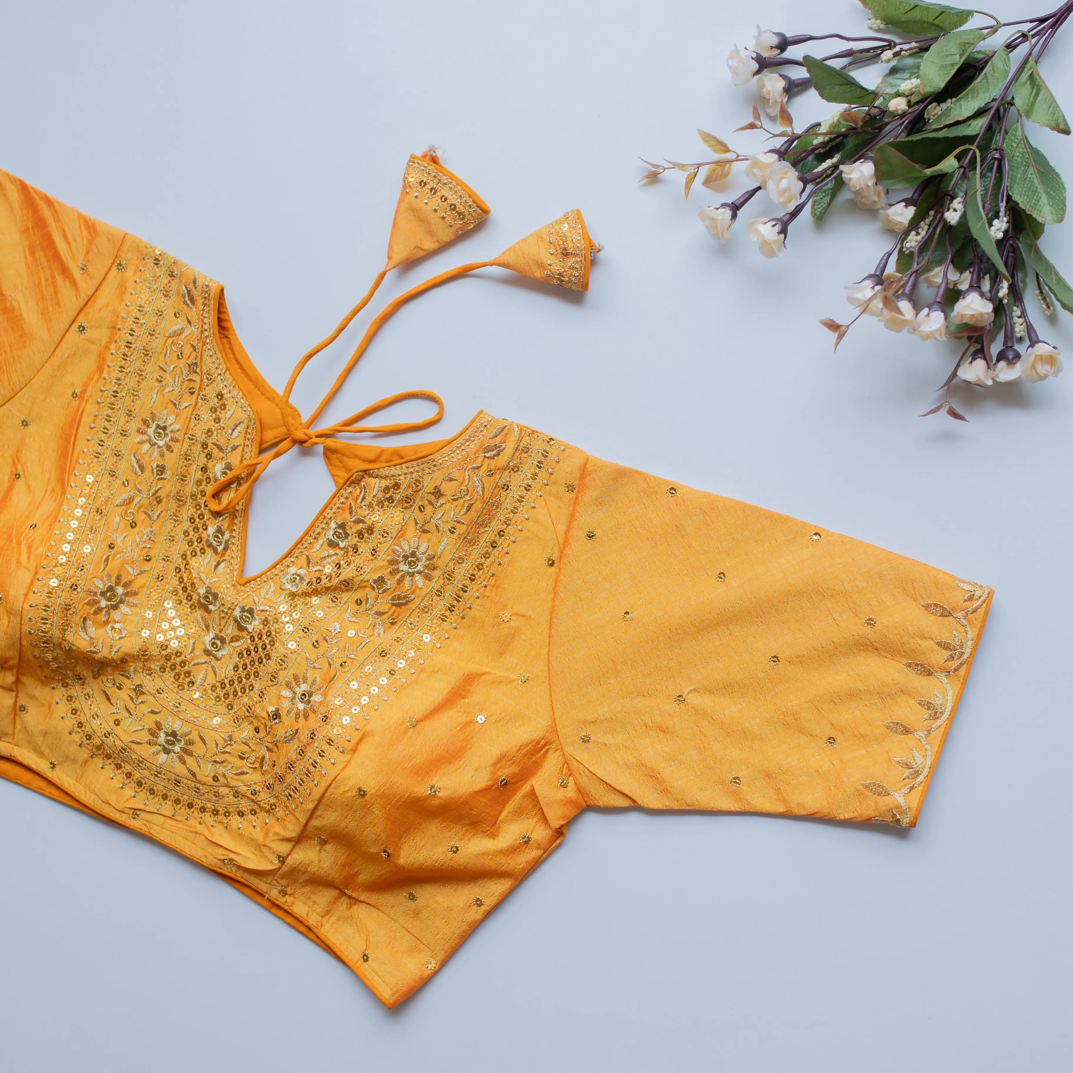 Yellow Olive Silk Blouse with Golden Embroidery and Sequence Accents