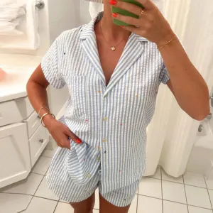 YESMYTOOL  -  2024 Elegant Striped Homewear 2pc Sets Ladies Lapel Button Shirt and Tie Up Shorts Slim Suits Casual Heart Printed Pajama Outfit